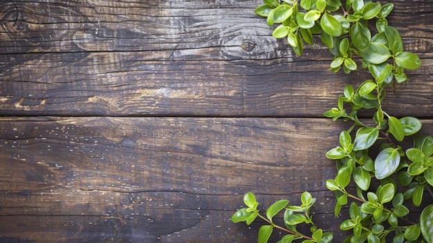 A green plant is visibly growing on a weathered wooden surface, showcasing the resilience of nature in unexpected environments. The plants roots delve into the cracks of the wood, seeking sustenance and anchorage.