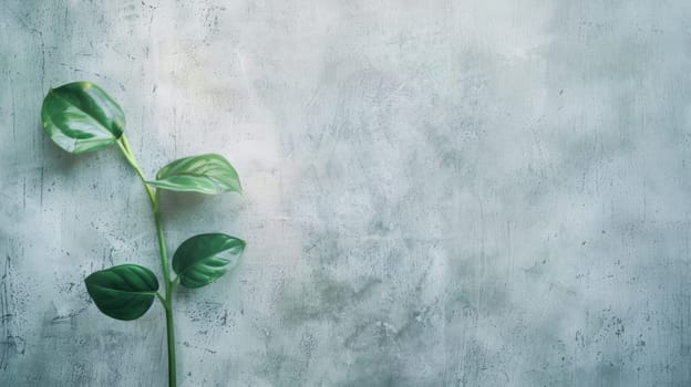 A plant with vibrant green leaves grows on a concrete wall, showcasing resilience and adaptation to urban environments. The leaves contrast sharply against the gray background, adding a touch of nature to the man-made structure.