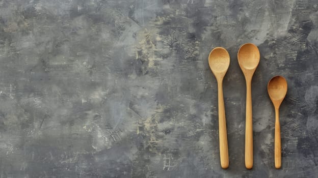 Five wooden spoons are arranged on a gray surface. The spoons vary in size and shape, showcasing the natural grain of the wood.