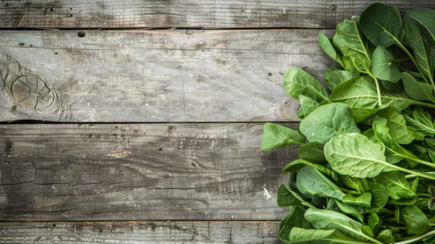 A collection of vibrant green spinach leaves arranged in a bunch on a rustic wooden table. The spinach appears freshly picked and ready for use in cooking or salads.