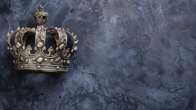 A gleaming gold crown is perched atop a rugged black stone wall, creating a striking contrast between the luxurious and the rugged. The intricate details of the crown stand out against the dark, textured surface of the stone.