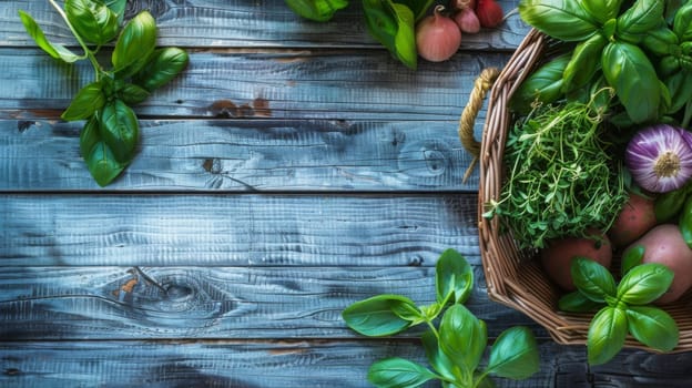 A basket overflowing with various shades of green vegetables such as lettuce, broccoli, spinach, zucchini, and kale. The vegetables are fresh and vibrant, giving a sense of health and nutrition.