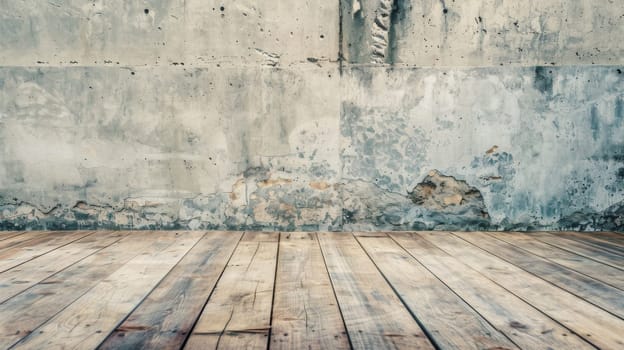 An empty room featuring a wooden floor and a concrete wall. The simplicity of the room is accentuated by the contrasting textures of the wood and concrete. The lack of furniture or decor enhances the minimalistic aesthetic.