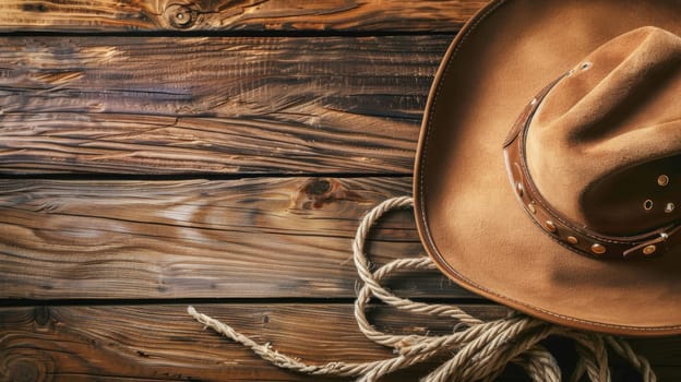 A cowboy hat and a coil of rope are placed on a textured wooden surface. The hat is brown with a curved brim, while the rope is neatly wound up. Both items are commonly associated with Western culture and activities such as ranching and cattle herding.