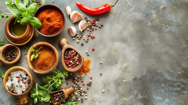 A wooden table displaying an array of bowls filled with different types of spices, each bowl holding a distinct color and aroma. The spices are neatly arranged, creating a visually appealing and enticing scene.