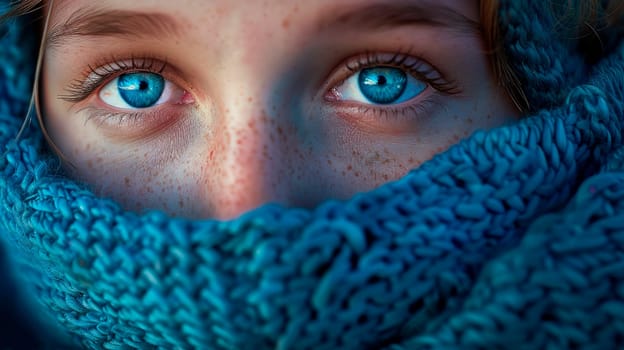 Close up of blue eyes of a girl with face wrapped in a blue scarf.AI generated
