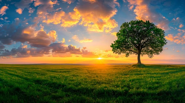 Tranquil panoramic rural landscape scenery in an early summer morning after sunrise, with a lonely tree on green meadow and colorful clouds in the gold and blue sky.AI generated