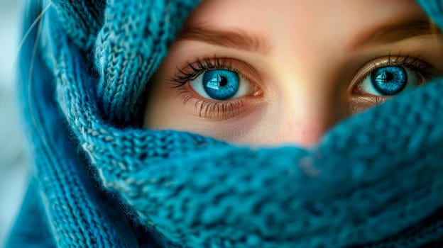 Close up of blue eyes of a young woman with face wrapped in a blue scarf.AI generated