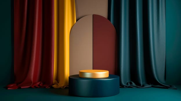Abstract  colorful room with cylinder stand podium. Minimal scene for mockup product display. Stage for showcase.AI generated
