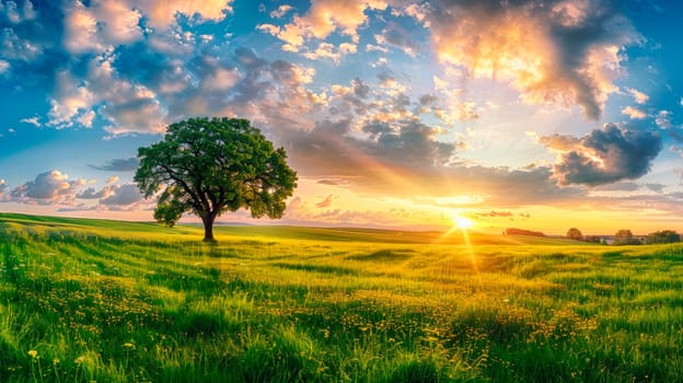 Tranquil panoramic rural landscape scenery in an early summer morning after sunrise with a lonely tree on green meadow and colorful clouds in the gold and blue sky.AI generated
