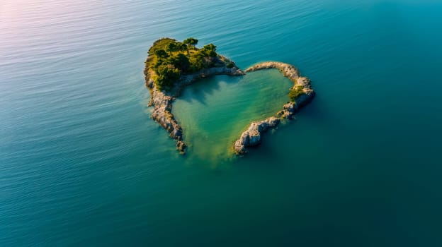 A desert island in the ocean. Top view of the island in the form of a heart.AI generated