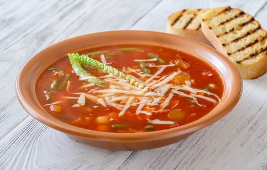 Portion of Minestrone soup made with vegetables and stock