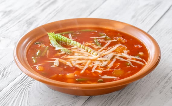 Portion of Minestrone soup made with vegetables and stock
