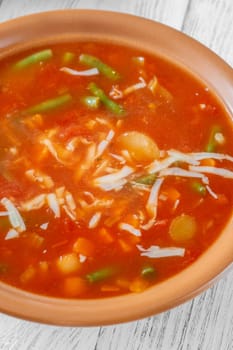 Portion of Minestrone soup made with vegetables and stock