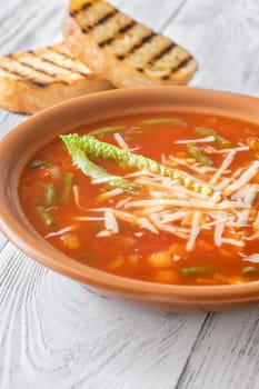 Portion of Minestrone soup made with vegetables and stock
