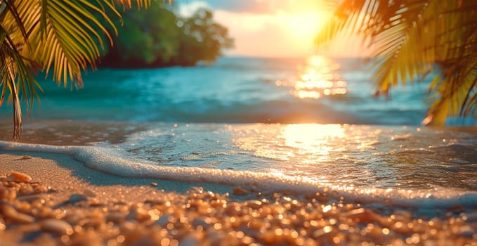 Bright sunny beach, vacation concept at sea, ocean, palm trees, tourism AI generated image
