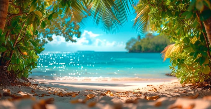 Bright sunny beach, vacation concept at sea, ocean, palm trees, tourism AI generated image