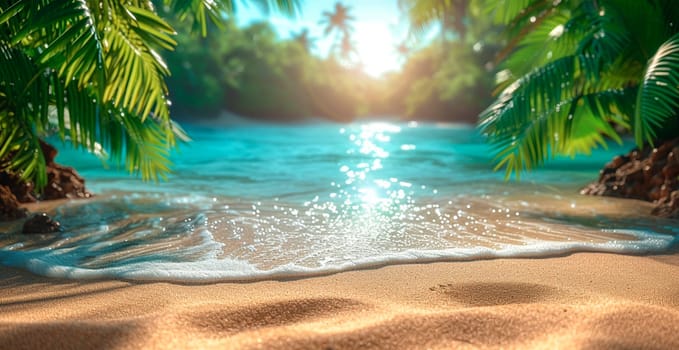 Bright sunny beach, vacation concept at sea, ocean, palm trees, tourism AI generated image