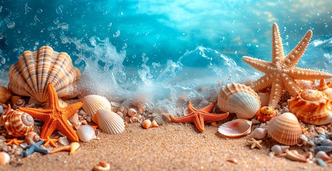 Sea, ocean landscape, many different shells, starfish and ocean inhabitants AI generated image