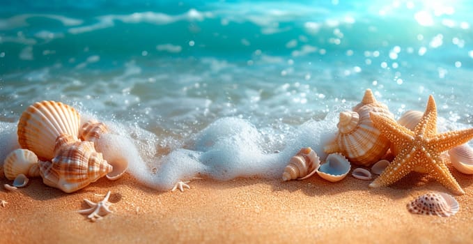 Sea, ocean landscape, many different shells, starfish and ocean inhabitants AI generated image