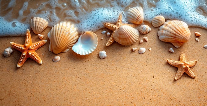 Sea, ocean landscape, many different shells, starfish and ocean inhabitants AI generated image