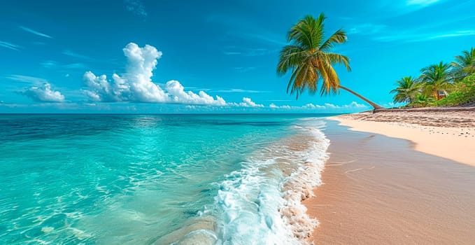 Maldives beach, beautiful hanging palm trees, snow-white sand AI generated image