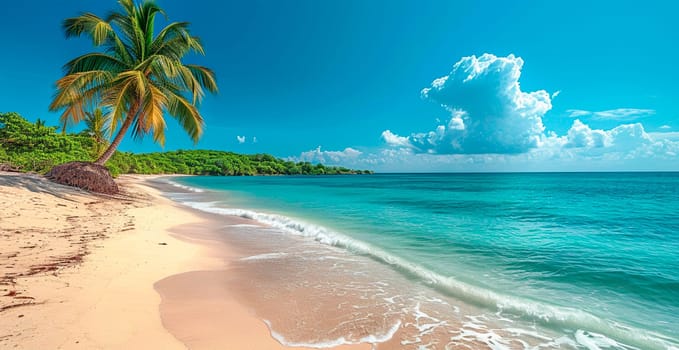 Maldives beach, beautiful hanging palm trees, snow-white sand AI generated image