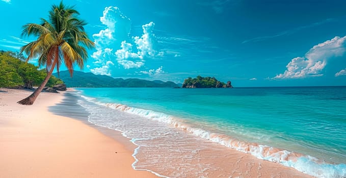 Maldives beach, beautiful hanging palm trees, snow-white sand AI generated image