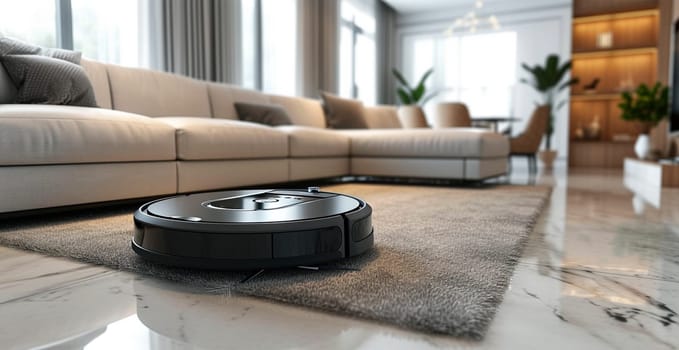 A robot vacuum cleaner does dry and wet cleaning of the house, modern technologies AI generated image