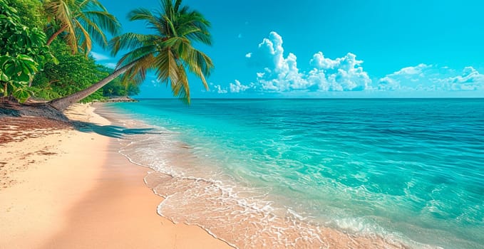 Maldives beach, beautiful hanging palm trees, snow-white sand AI generated image