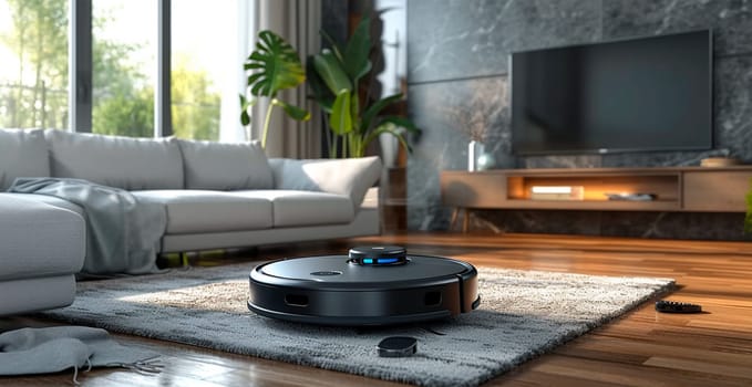 A robot vacuum cleaner does dry and wet cleaning of the house, modern technologies AI generated image