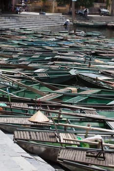 Boating on  the Mekong Delta with concal hats, Vietnam