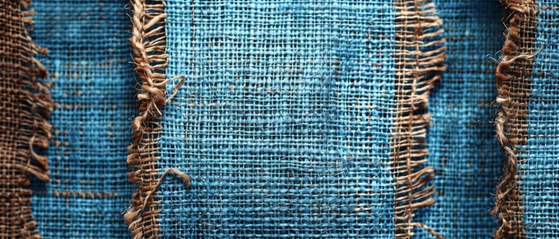 Close-up of a blue striped burlap fabric showing rugged texture and frayed edges, suitable for texture-focused imagery