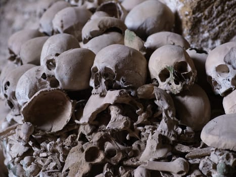 Skull and bones in ancient ossuary, Naples
