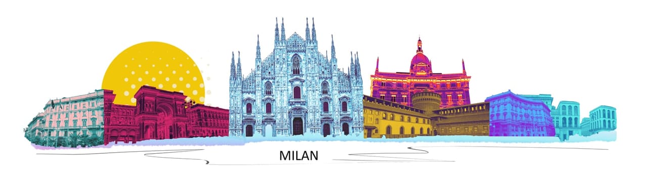 Photo collage from Milan, Italy. Collage includes major landmarks like the castle, cathedral. Art design