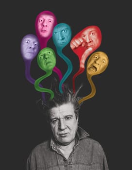 Man with his faces. art collage about different emotions - inner demons concept