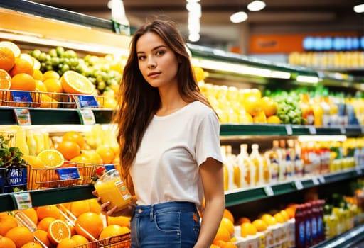 The beautiful woman is looking at the shelves to buy something from the supermarket. ai generative.