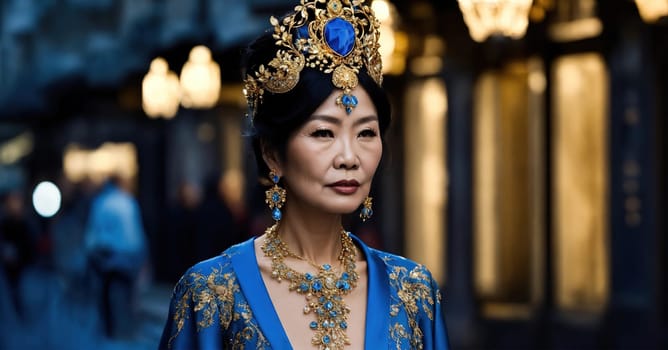60 year old Asian female model in Paris Fashion Week. ai generative.