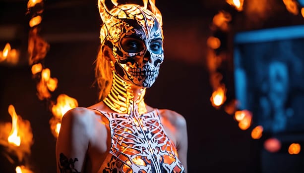 Beautiful young woman in skeleton costume posing. ai generative.
