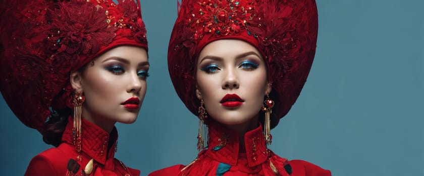 Portrait of a beautiful girl with bright make-up and red headdress. ai generative.