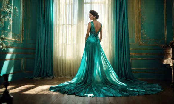 Beautiful girl in a blue evening turquoise dress posing. ai generative.