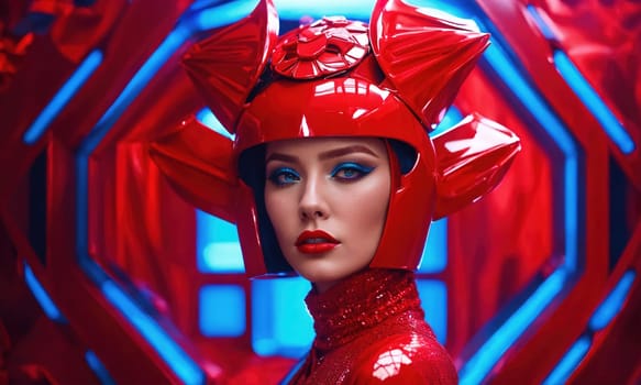 Futuristic woman with red hair in futuristic costume. ai generative.