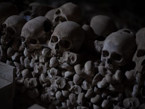 Skull and bones in ancient ossuary, Naples