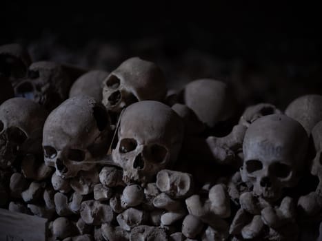 Skull and bones in ancient ossuary, Naples