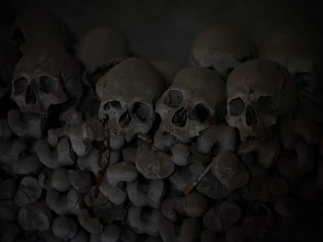 Skull and bones in ancient ossuary, Naples