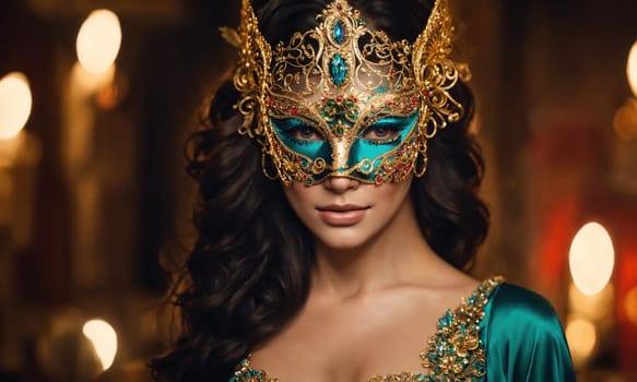 Beautiful young woman in a Venetian mask at the masquerade. ai generative.