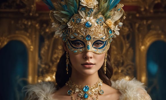 Beautiful young woman in a Venetian mask at the masquerade. ai generative.