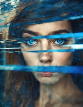 Close up shot of a beautiful woman's eye through broken glass. ai generative.