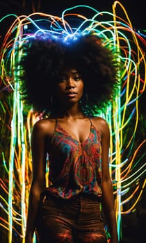 Beautiful african american woman with afro hairstyle and outlined in light. ai generative.