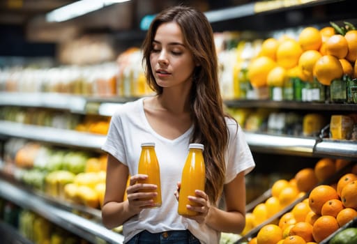 The beautiful woman is looking at the shelves to buy something from the supermarket. ai generative.